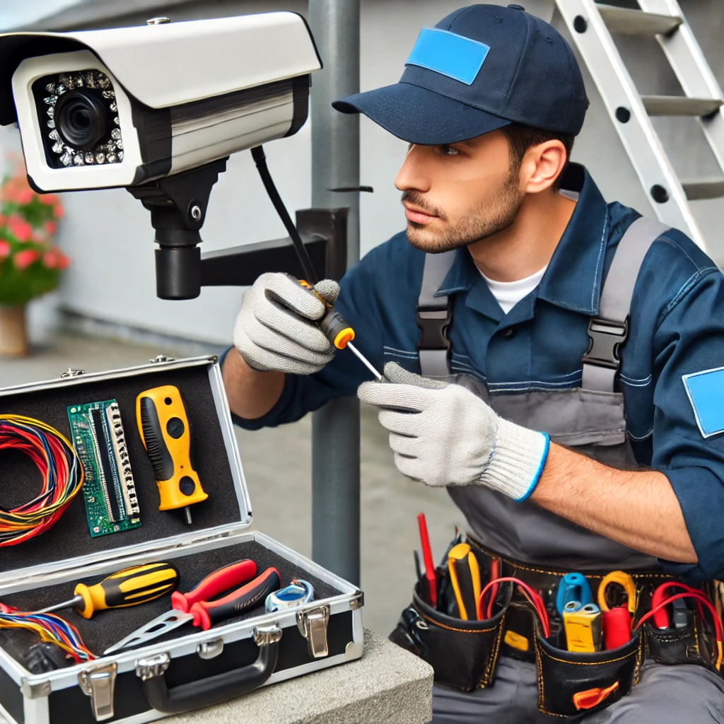 Técnico reparando una cámara de seguridad